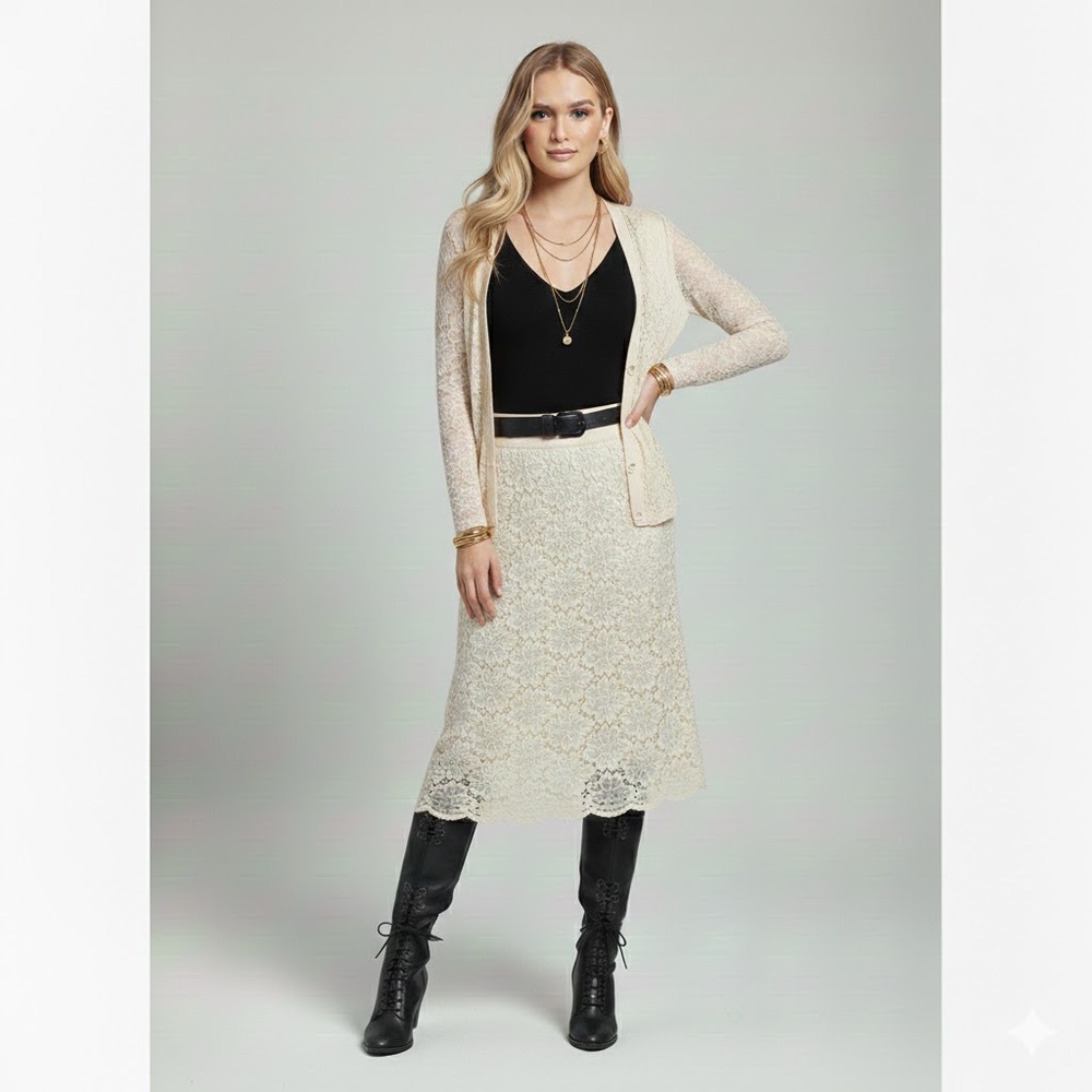 Vintage Franco Valeri Cardigan & Lace Midi Skirt Set - Cream/Ivory